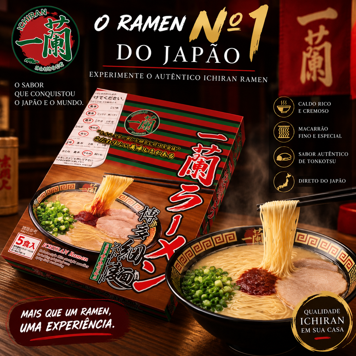 Ichiran Ramen Tonkotsu Japonês – Kit com 5 Porções