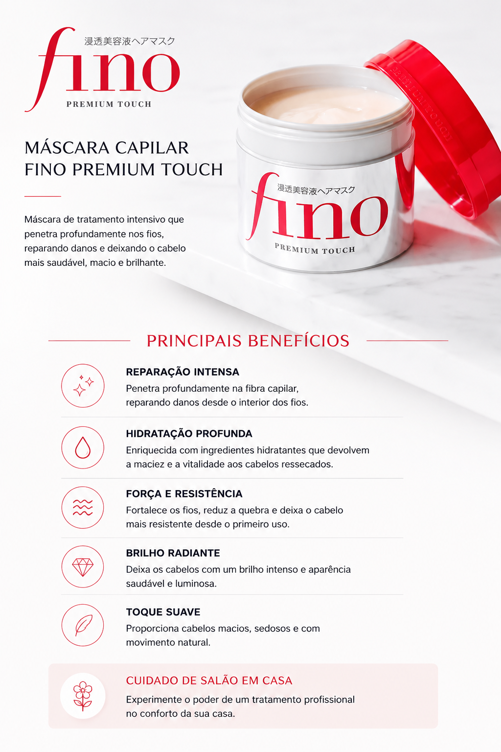 Máscara Capilar Fino Premium Touch 230g – Hidratação, Maciez e Brilho